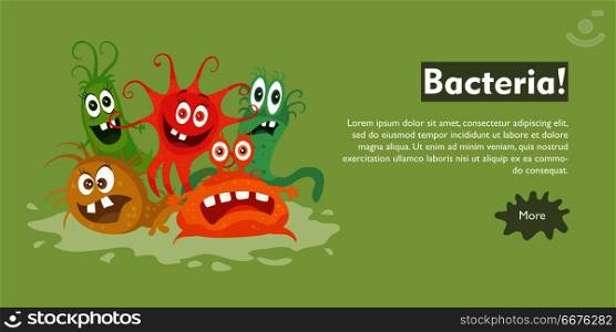 Bacteria Flat Cartoon Vector Web Banner. Bacteria web banner. Group of funny colorful microbes cartoon characters vector illustrations. Smiling and scary virus, pathogen cell, germ, parasite. For medical, hygienic, science web page design