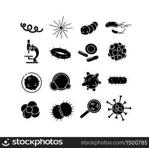 Bacteria glyph vector icons set. Pathogen black silhouette illustrations. Microbiological research. Microorganisms of various shapes under microscope. Bacterial cells isolated pack. Bacteria glyph vector icons set
