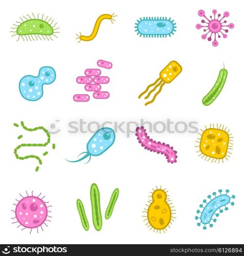 Bacteria icons set. Bacteria and verus microscopic organisms flat icons set isolated vector illustration