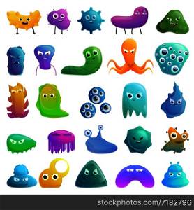 Bacteria icons set. Cartoon set of bacteria vector icons for web design. Bacteria icons set, cartoon style