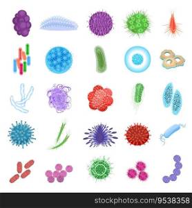 Bacteria icons set cartoon vector. Germ cell. Anti dust. Bacteria icons set cartoon vector. Germ cell
