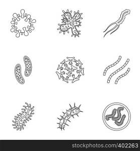 Bacteria icons set. Outline illustration of 9 bacteria vector icons for web. Bacteria icons set, outline style