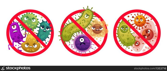 Bacteria in prohibition sign. Comic crossed out microbes and viruses, bacterial protection and disinfection caution icon cartoon vector illustration set. Stop infection, epidemic and flu prohibition. Bacteria in prohibition sign. Comic crossed out microbes and viruses, bacterial protection and disinfection caution icon cartoon vector illustration set
