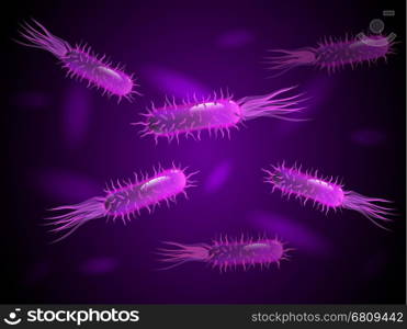 Bacteria in purple luminescence. Virus, flagellum bacteria, microbe, germ background. Microorganism abstract Vector.