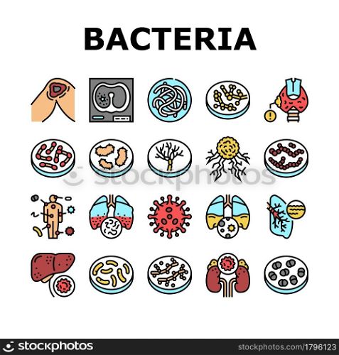 Bacteria Infection Collection Icons Set Vector. Candida Bacteria And Plague, Cancer Cell And Thyroid Disease, Cutaneous Mucormycosis And Parasit Worms Line Pictograms. Contour Color Illustrations. Bacteria Infection Collection Icons Set Vector
