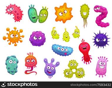 Bacteria, microbes, cute germs and viruses isolated cartoon vector characters with funny faces. Smiling pathogen microbe monsters, bacteries and viruses with big eyes, cells with teeth and tongues. Bacteria, smiling pathogen microbes and viruses