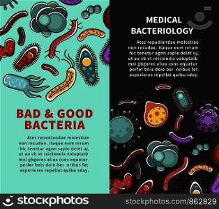 Bacteria poster for medical bacteriology or viruses and bacteria microbiology study and science. Vector flat design of good and bad viruses, microbe infections for medicine healthcare. Bacteria posters for medical bacteriology or virus infographics vector flat design