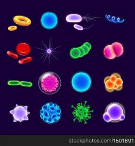 Bacteria realistic vector icons set. Pathogen illustration. Microbiological research. 3d isolated color microorganisms of various shapes under microscope on dark blue background. Bacterial cells pack. Bacteria realistic vector icons set