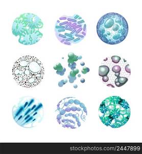 Bacteria round icons set with microbes and viruses realistic isolated vector illustration . Bacteria Icons Set