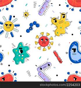 Bacteria seamless pattern. Funny microscopic viruses and germs characters, cartoon biological microorganisms with faces, isolated white background. Decor textile, wrapping paper wallpaper vector print. Bacteria seamless pattern. Funny microscopic viruses and germs characters, cartoon biological microorganisms with faces, isolated white background. Decor textile, wrapping paper, vector print