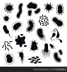 Bacteria silhouettes. Symbols for immune diseases of cell and pathogenicity infections or viruses danger black vector isolated icons. Bacteria silhouettes. Symbols for immune diseases of cell and infections or viruses danger black vector isolated icons