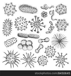 Bacteria sketch. Drawing viruses biological closeup cells covid type of bacteria medical concept illustrations recent vector doodle pictures set. Virus and biology organism bacterium. Bacteria sketch. Drawing viruses biological closeup cells covid type of bacteria medical concept illustrations recent vector doodle pictures set