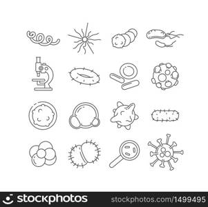 Bacteria thin line vector icons set. Pathogen linear illustrations. Microbiological research. Microorganisms of various shapes under microscope. Bacterial cells isolated outline pack. Bacteria thin line vector icons set