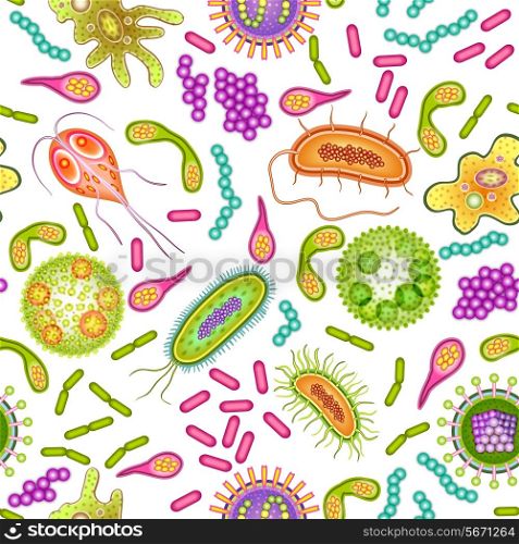 Bacteria virus and germs microorganism cells seamless pattern color vector illustration