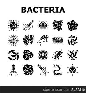 bacteria virus bacterium cell icons set vector. germ pathogen, disease biology microbe, micro microorganism, health medicine bacteria virus bacterium cell glyph pictogram Illustrations. bacteria virus bacterium cell icons set vector