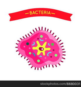 Bacteria virus harmful cell poster with ribbon on top. Viral microorganism of pink color. Pathogenic organism germ causing immune problems vector. Bacteria Virus Cell Poster Vector Illustration