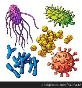 bacteria virus set hand drawn vector. disease microbiology, bacterium research, madicine laboratory bacteria virus sketch. isolated color illustration. bacteria virus set sketch hand drawn vector