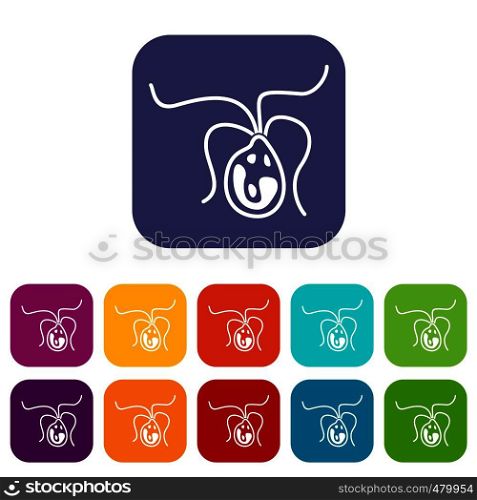 Bacterial cell icons set vector illustration in flat style in colors red, blue, green, and other. Bacterial cell icons set