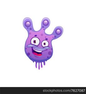 Bacterial funny pathogen, purple smiling monster isolated cartoon character. Vector microbiological coronavirus, biological monster happy emoticon. Microbe organism bacteria microorganism with eyes. Cartoon virus isolated purple microorganism germ
