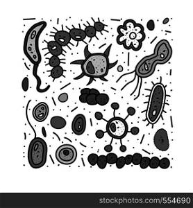 Bacterias cell. Microorganism collection. Vector doodle style objects isolated on white background.