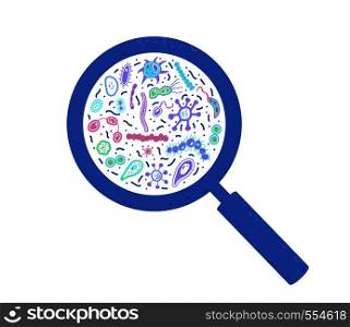 Bacterias cells macro badge. Microorganism collection flat shapes with magnifying. Vector illustration.