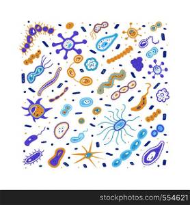 Bacterias cells. Microorganism collection flat shapes. Vector illustration.