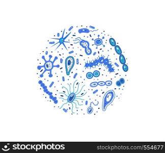 Bacterias cells round badge. Microorganisms collection flat shapes. Vector illustration.