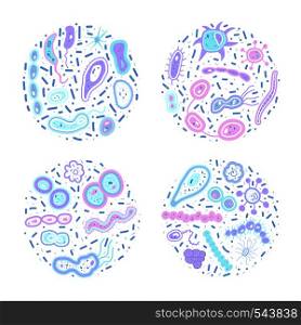 Bacterias cells round badges. Microorganism collection flat shapes. Vector illustration.