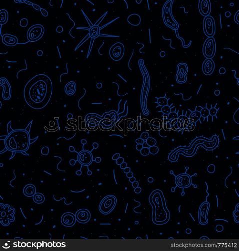 Bacterias cells seamless pattern. Microorganism collection. Vector dark doodle style composition.