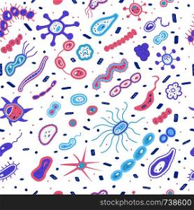 Bacterias cells seamless pattern. Microorganism collection. Vector doodle style composition.