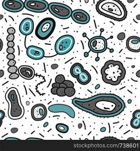 Bacterias cells seamless pattern. Microorganism collection. Vector doodle style composition.