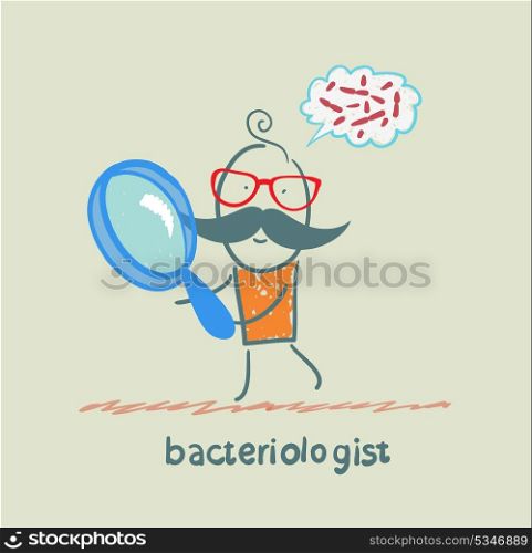 bacteriologist looks through a magnifying glass on germs and thinks of them