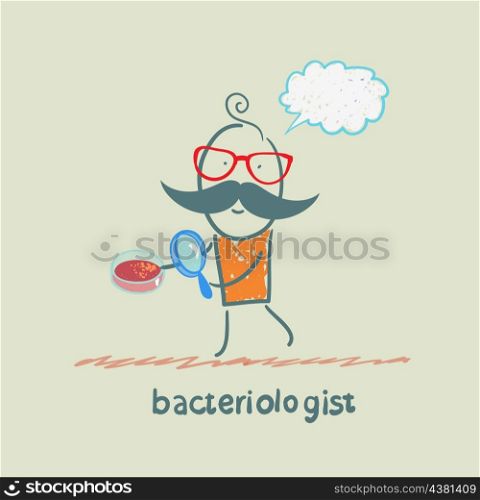 bacteriologist looks through a magnifying glass on microbes