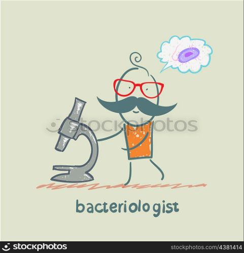 bacteriologist thinking about germs and looks through a microscope