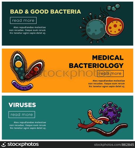 Bad and good bacteria, harmful viruses and medical bacteriology informative promotional Internet posters templates isolated cartoon flat vector illustrations set with sample text and buttons.. Bad and good bacteria, harmful viruses and medical bacteriology