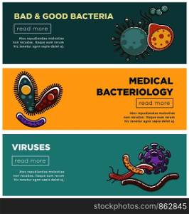 Bad and good bacteria, harmful viruses and medical bacteriology informative promotional Internet posters templates isolated cartoon flat vector illustrations set with sample text and buttons.. Bad and good bacteria, harmful viruses and medical bacteriology