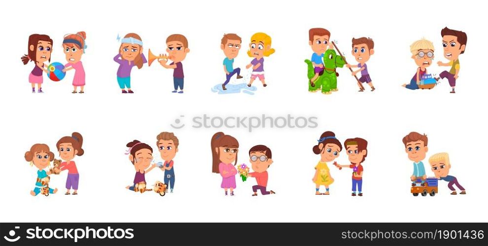 Bad and good children. Child share toy, happy and angry brother with sister. Family conflict, kids behavior. Isolated cartoon toddlers vector characters. Illustration of bad and good behavior children. Bad and good children. Child share toy, happy and angry brother with sister. Family conflict, kids behavior. Isolated cartoon toddlers decent vector characters