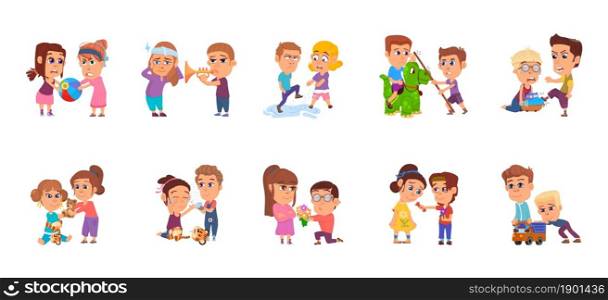 Bad and good children. Child share toy, happy and angry brother with sister. Family conflict, kids behavior. Isolated cartoon toddlers vector characters. Illustration of bad and good behavior children. Bad and good children. Child share toy, happy and angry brother with sister. Family conflict, kids behavior. Isolated cartoon toddlers decent vector characters