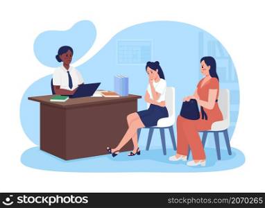 Bad behavior at school 2D vector isolated illustration. Schoolgirl with mother talking with principal flat characters on cartoon background. Dealing with school expulsion colourful scene. Bad behavior at school 2D vector isolated illustration