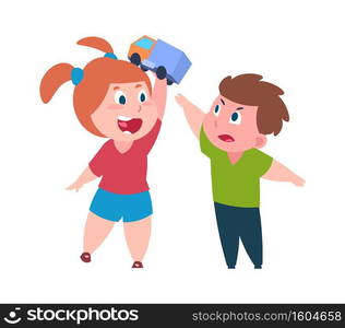 Bad behavior. Cartoon brother and sister quarrel. Cute girl teases boy with toy. Isolated children arguing. Conflicts between older and younger kids in family. Vector relationship flat illustration. Bad behavior. Brother and sister quarrel. Girl teases boy with toy. Isolated children arguing. Conflicts between older and younger kids in family. Vector relationship flat illustration