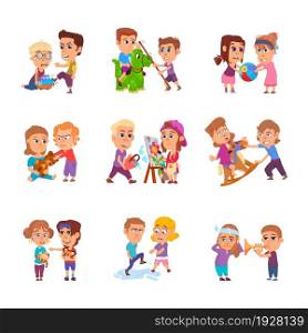 Bad behavior kids. Bullying kid, school girls scare. Child in stress, conflicted angry cartoon children. Naughty brother and sister decent vector set. Illustration of bad behavior in childhood. Bad behavior kids. Bullying kid, school girls scare. Child in stress, conflicted angry cartoon children. Naughty brother and sister decent vector set