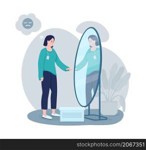 Bad clothing 2D vector isolated illustration. Looking in mirror on tight clothes. Upset man in bad outfit flat characters on cartoon background. Cons of online shopping colourful scene. Bad clothing 2D vector isolated illustration