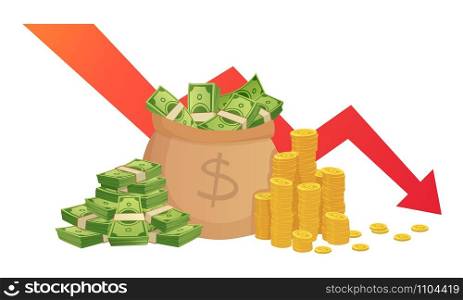 Bad finance graph. Loss of financial savings, inflation schedule and money loss. Bankruptcy, financial investment loss or market debt crisis. Low finance business isolated vector illustration. Bad finance graph. Loss of financial savings, inflation schedule and money loss. Bankruptcy vector illustration