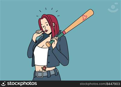 Bad girl in open clothes with tattoos on body licking lollipop. Stylish teen female from youth subculture. Vector illustration.. Bad girl with tattoos in open clothes