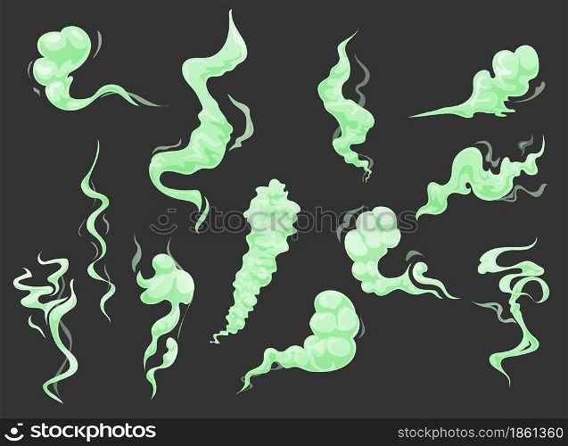 Bad green cartoon smell, vector smoke odor, stink breath, fart stench and cloud of toxic gas, stinky steam or vapor, smelly fog or fume. Dirty body, armpit, sweat, rotten food or garbage bad smell. Bad green cartoon smell, smoke odor and stink