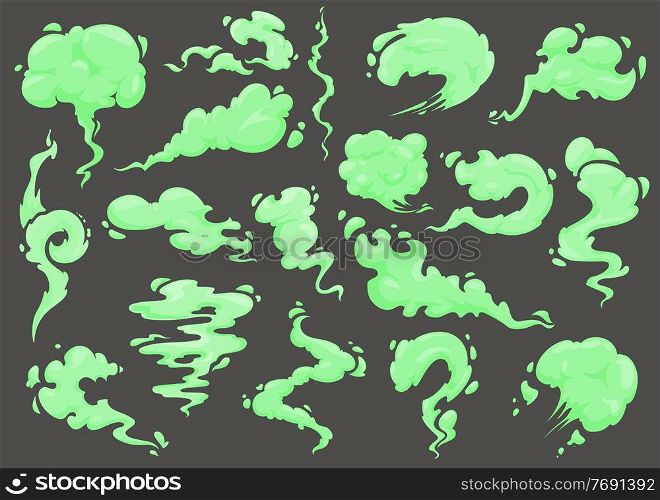 Bad green smell, odor, stench and stink vector cartoon fume, clouds, smoke or mist. Smelly odor, stinky fog, toxic gas or steam waves of fart gases, bad breath or whiff, scent of dirty body or garbage. Bad green smell, odor, stench and stink, cartoon