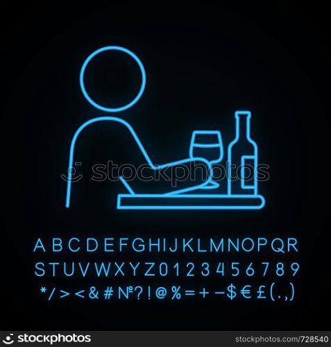 Bad habits neon light icon. Alcoholism. Drinking habit. Binge drinking. Depression, anxiety. Behavioral stress symptoms. Glowing sign with alphabet, numbers and symbols. Vector isolated illustration. Bad habits neon light icon