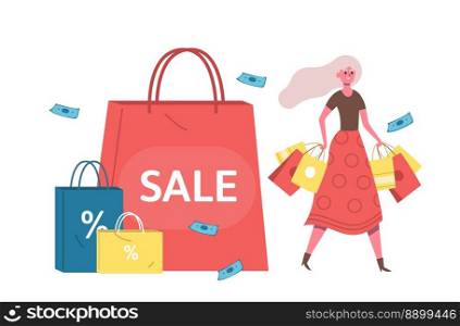 Bad habits, people addictions shopping. Woman buying and spending money, carrying shopping bags. Shopaholic girl suffer from obsession of purchases. Seasonal sale at stores, big discounts vector. Bad habits, people addictions shopping. Woman buying and spending money, carrying shopping bags. Shopaholic girl