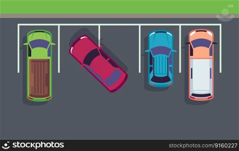 Bad, improper parking of car in parking lot, top view. Traffic rules in city. Colored automobiles. Urban scene. Wrong illegal parked transport. Cartoon flat style isolated illustration. Vector concept. Bad, improper parking of car in parking lot, top view. Traffic rules in city. Colored automobiles. Urban scene. Wrong parked transport. Cartoon flat style isolated illustration. Vector concept