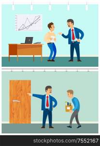 Bad job and dismissal, boss and employee. Wrong statistical report and office worker discharge, clerk holding box of folders vector illustrations.. Bad Job and Dismissal, Angry Boss and Employee